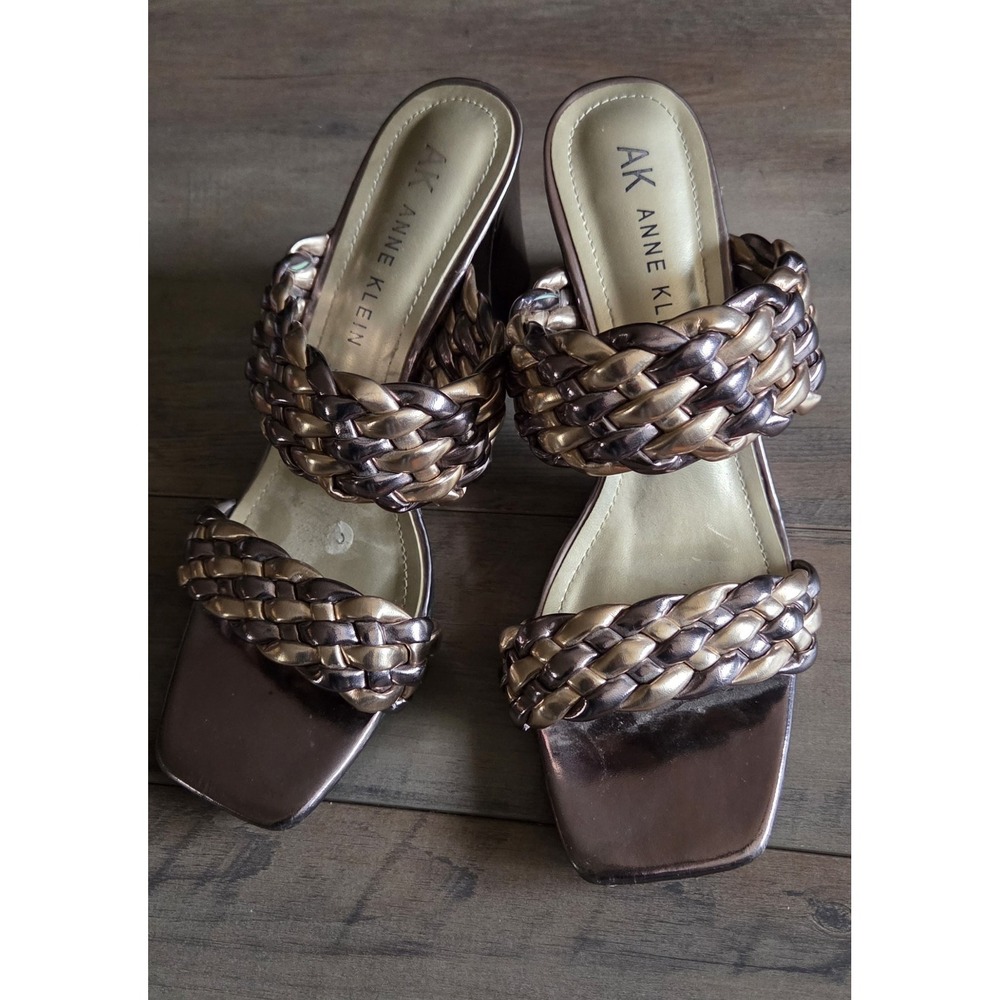 Anne Klein Braided Block Heel Sandals In Metallic Gold And Black Women Size 10.5